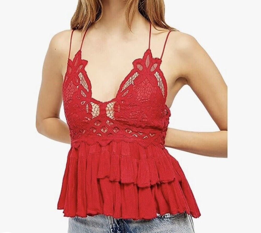 Free People Intimately X-Small Adella Cami Top Cherry Red Ruffled Crochet Lace